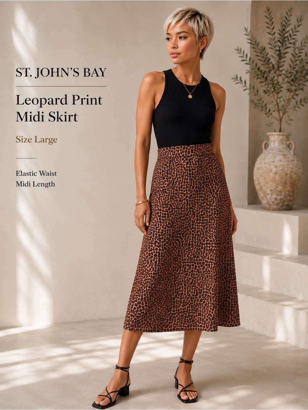 St. John’s Bay Leopard Print Midi Skirt NWT Large Elastic Waist